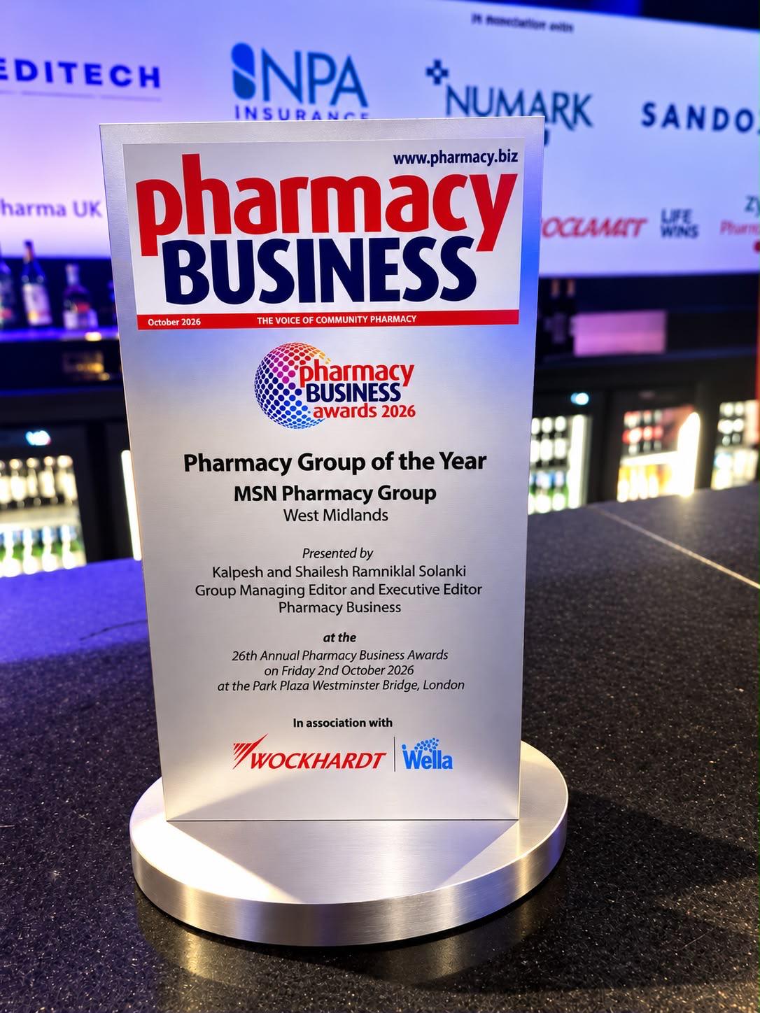 Pharmacy Group of the Year award plaque presented to MSN Pharmacy Group at the Pharmacy Business Awards 2026